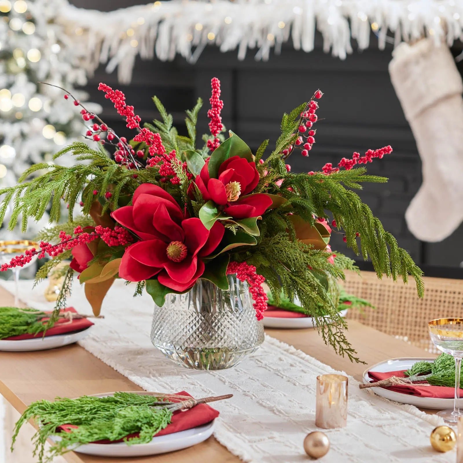 27649_DarbyCreekTrading_17048SQ Holiday Elegance - Real Touch Red Magnolia, Norfolk Pine, Cedar and Red Berry In Lux Crystal Cut Vase Centerpiece - Image 1