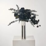 Black Beetle - Orchid, Peony & Rose in Black & White Striped Column Vase Halloween Floral Arrangement Decor - Image 3