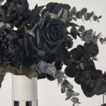 Black Beetle - Orchid, Peony & Rose in Black & White Striped Column Vase Halloween Floral Arrangement Decor - Image 2