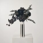 Black Beetle - Orchid, Peony & Rose in Black & White Striped Column Vase Halloween Floral Arrangement Decor