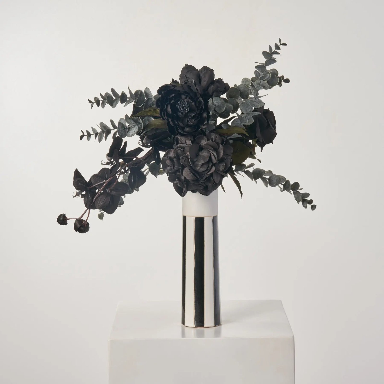 AR1396BlackBeetle-Orchid_Peony_Rose_DaisyinBlack_WhiteStripedColumnVaseHalloweenFloral_3 Black Beetle - Orchid, Peony & Rose in Black & White Striped Column Vase Halloween Floral Arrangement Decor - Image 1