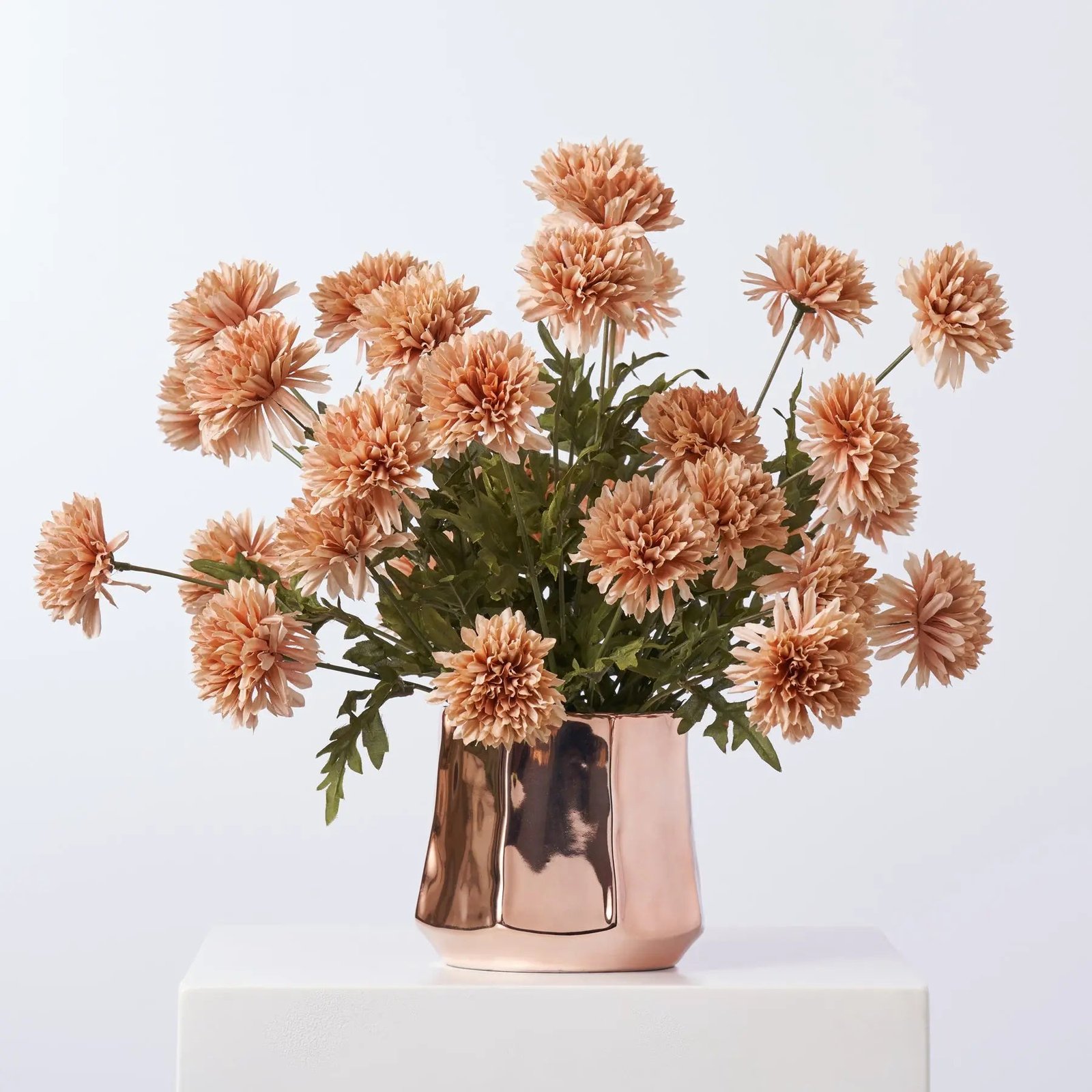 AR1624CafeAuLaitPomPomChrysanthemumInRoseGoldMoetPotEverydayFallArrangem Cafe Au Lait Pom Pom Chrysanthemum In Rose Gold Moet Pot Everyday Fall Arrangement - Image 1