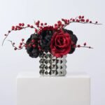 Gothic Romance - Black Magic Hydrangea, Peony & Red Rose Arrangement with Berries in Gunmetal Pyramid Spine Vase