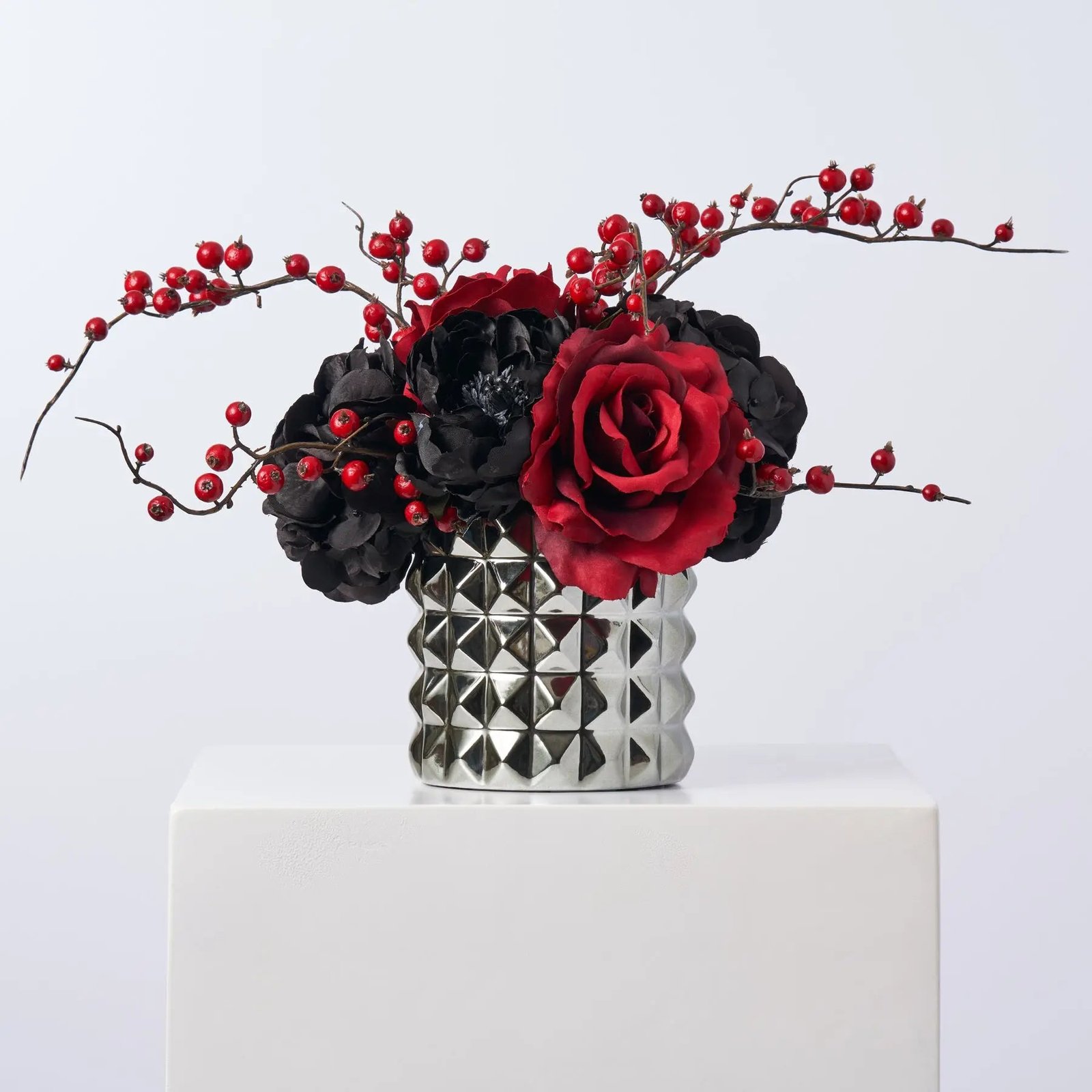 AR1625GothicRomance-BlackMagicHydrangea_Peony_RedRoseArrangementwithBerri Gothic Romance - Black Magic Hydrangea, Peony & Red Rose Arrangement with Berries in Gunmetal Pyramid Spine Vase - Image 1