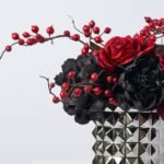 Gothic Romance - Black Magic Hydrangea, Peony & Red Rose Arrangement with Berries in Gunmetal Pyramid Spine Vase - Image 2
