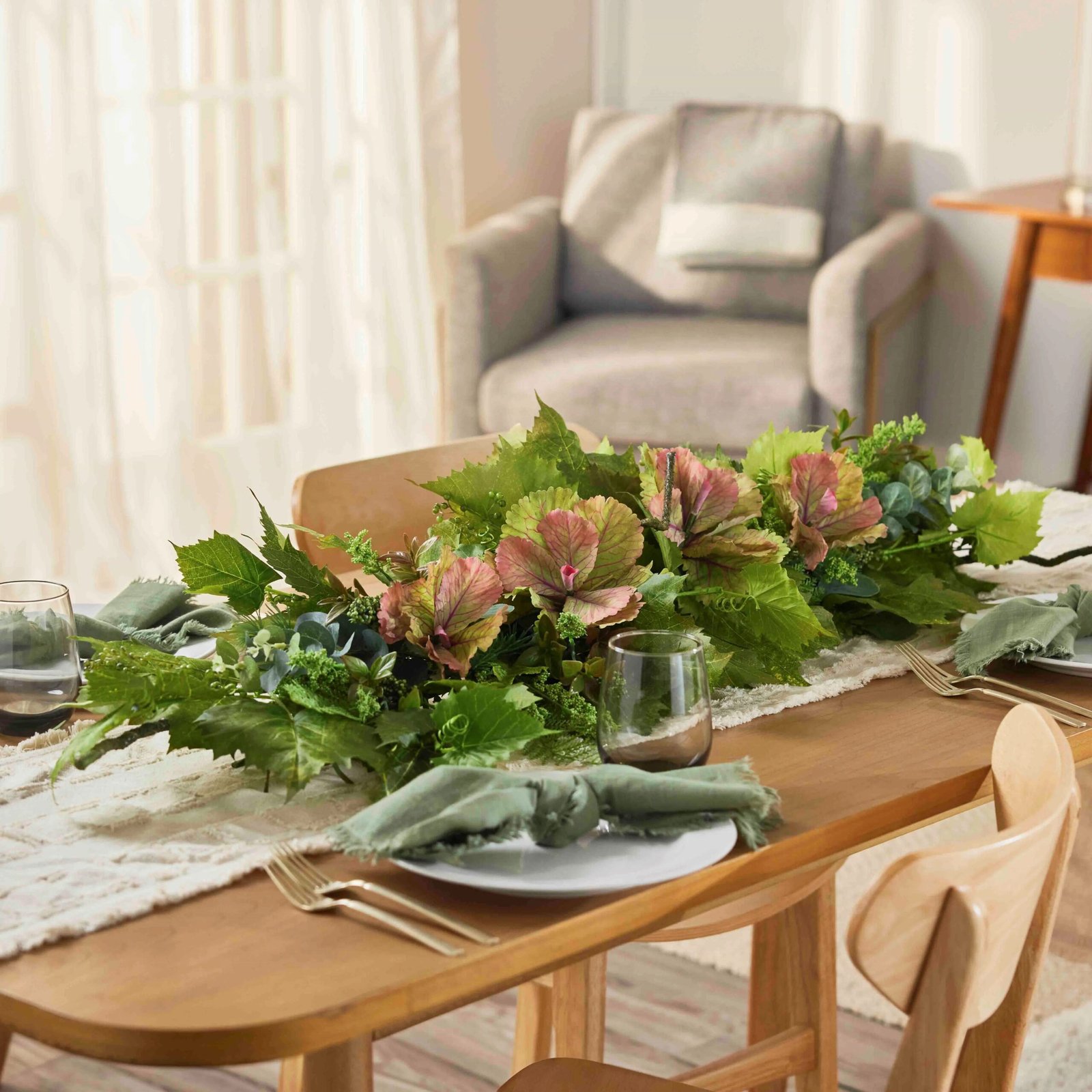 AR1681GardenofEden-GrapevineFoliage_MixedWildGreenery_DecorativeKaleFlat Garden of Eden - Grapevine Foliage, Mixed Wild Greenery & Decorative Kale Flat Centerpiece Swag Arrangement - Image 1