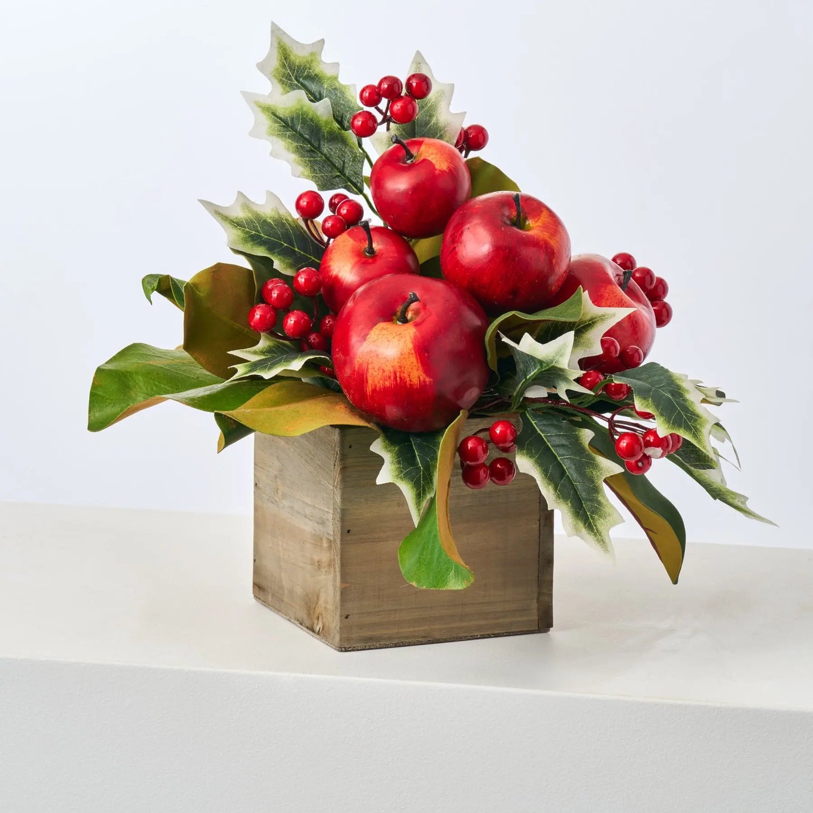 AR1814ClassicRedApple_Holly_MagnoliaLeafChristmasArrangementinSmallWoodPlanterBox_2 Classic Red Apple, Holly & Magnolia Leaf Christmas Arrangement in Small Wood Planter Box - Image 1