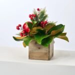 Classic Red Apple, Holly & Magnolia Leaf Christmas Arrangement in Small Wood Planter Box - Image 3