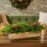 Lifelike Holiday Boxwood with Red Winter Berry in Long Wood & Gold Metal Box Planter Christmas Centerpiece Arrangement - Image 3