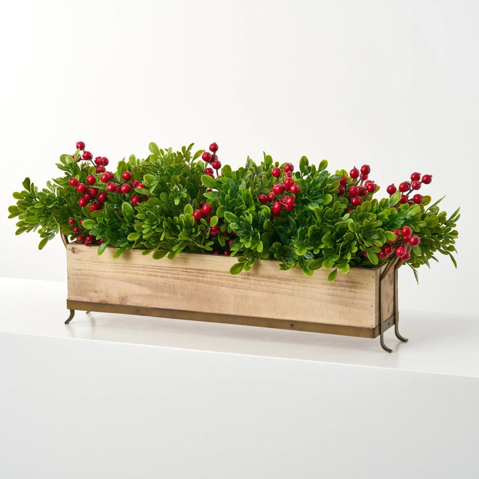 AR1826LifelikeHolidayBoxwoodwithRedWinterBerryinLongWood_GoldMetalBoxPlanterChristmasCenterpi_1 Lifelike Holiday Boxwood with Red Winter Berry in Long Wood & Gold Metal Box Planter Christmas Centerpiece Arrangement - Image 1