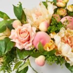 Feeling Peachy Queen - Peach Peonies & Roses, Real Touch Green Salal Leaf, Yellow Pink Ranunculus & Fuzzy Peaches Spring Summer Centerpiece Arrangement in White Concrete Oval Pot - Image 2