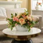 Feeling Peachy Queen - Peach Peonies & Roses, Real Touch Green Salal Leaf, Yellow Pink Ranunculus & Fuzzy Peaches Spring Summer Centerpiece Arrangement in White Concrete Oval Pot - Image 4