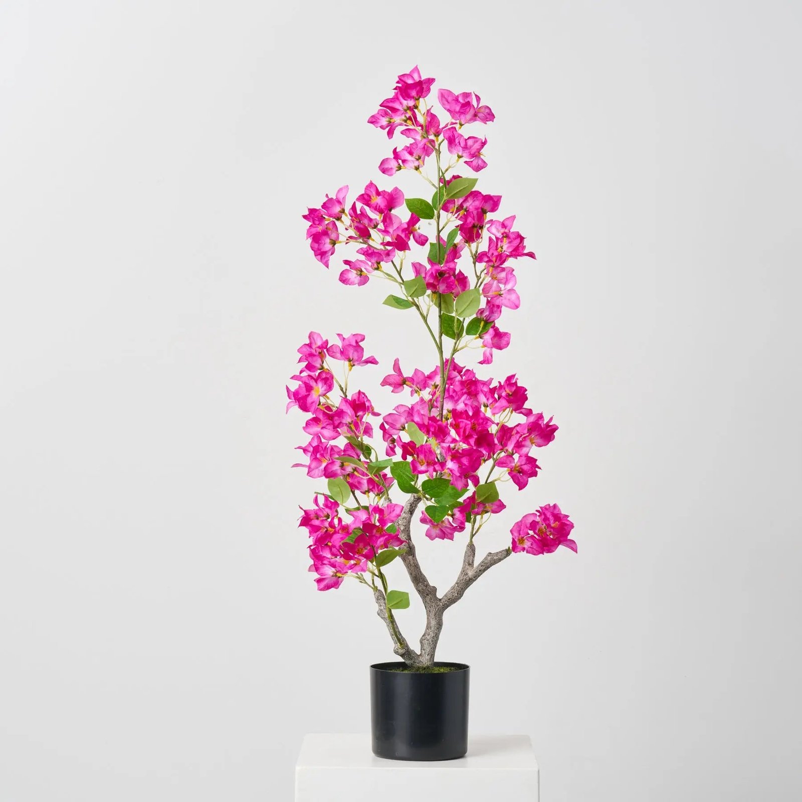 AR1856-PMShortShortFauxMagentaBougainvilleaPottedTreeHousePlantinWeightedBlackPot-38 Short Faux Magenta Bougainvillea Potted Tree Outdoor Urn Filler in Weighted Black Pot - 38 - Image 1