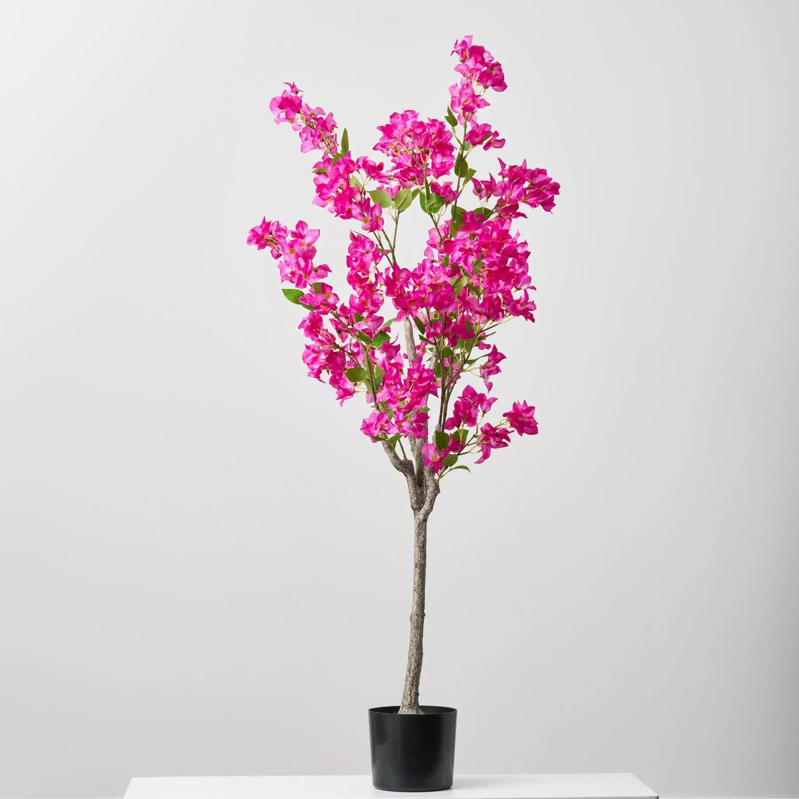 AR1856-PMTallTallFauxMagentaBougainvilleaPottedTreeHousePlantinWeightedBlackPot-56 Tall Faux Magenta Bougainvillea Potted Tree Outdoor Urn Filler in Weighted Black Pot - 56 - Image 1