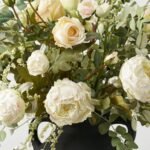 Chateau Blooms - Dried Look Cream Peony & Beige Rose with Italian Ruscus in Large Black Clay Jug Vase Everyday Centerpiece Arrangement - Image 2