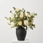 Chateau Blooms - Dried Look Cream Peony & Beige Rose with Italian Ruscus in Large Black Clay Jug Vase Everyday Centerpiece Arrangement - Image 3
