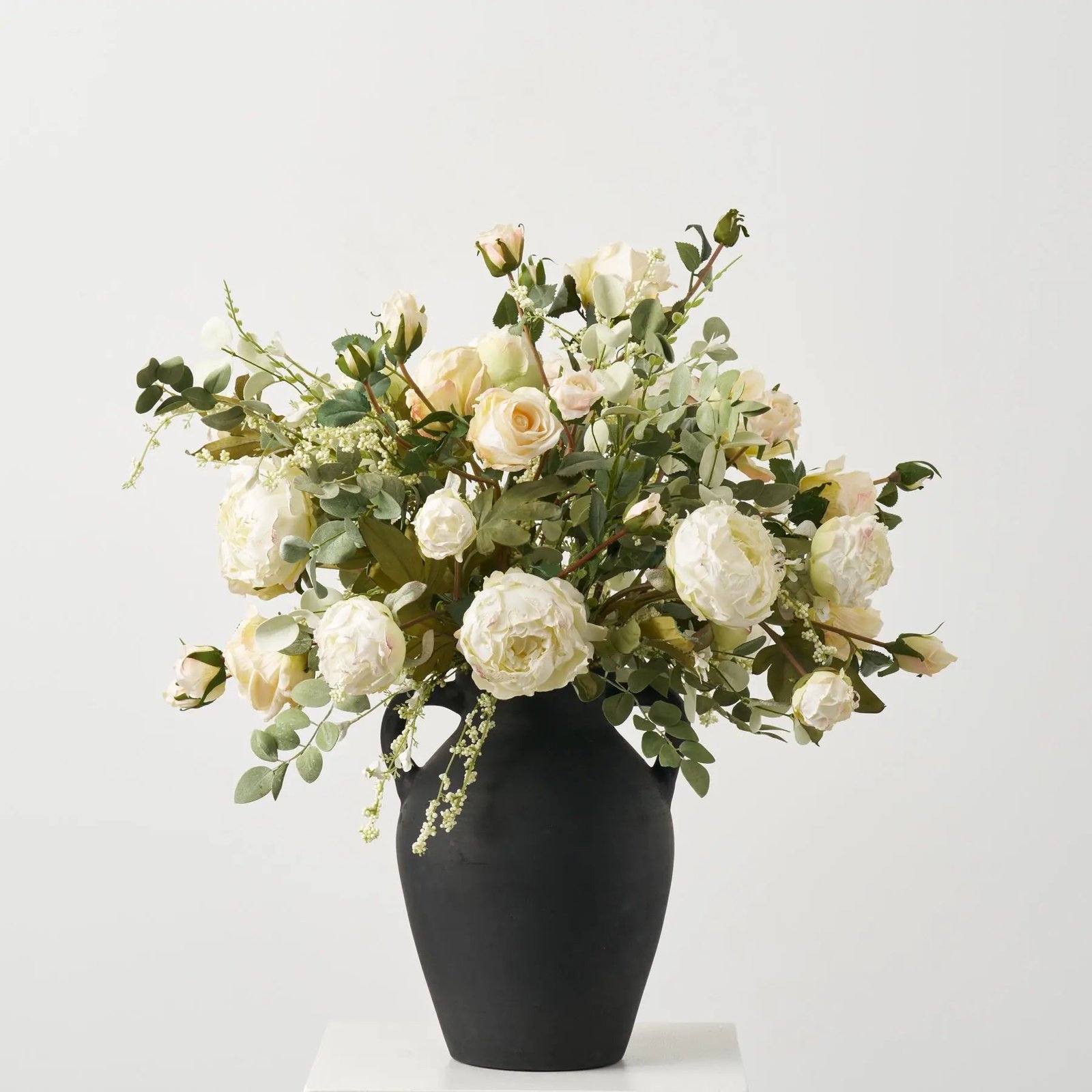AR1869ChateauBlooms-DriedLookCreamPeony_BeigeRosewithItalianRuscusinLargeBlackClayJugVaseEverydayCent_1 Chateau Blooms - Dried Look Cream Peony & Beige Rose with Italian Ruscus in Large Black Clay Jug Vase Everyday Centerpiece Arrangement - Image 1