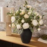 Chateau Blooms - Dried Look Cream Peony & Beige Rose with Italian Ruscus in Large Black Clay Jug Vase Everyday Centerpiece Arrangement - Image 4