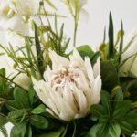 Jungle Elegance - Large White Protea Blooms, Wild Fern & Pittosporum Tropical everyday Modern Floral Arrangement in Rounded Black Glass Vase - Image 2