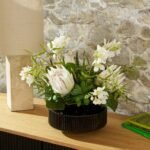 Jungle Elegance - Large White Protea Blooms, Wild Fern & Pittosporum Tropical everyday Modern Floral Arrangement in Rounded Black Glass Vase - Image 4