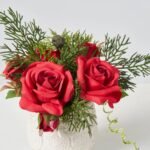 Mini Red Christmas Rose & Juniper Greenery in Cream Embossed Ceramic Vase Holiday Decor Arrangement Set of 2 - Image 2