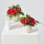 Mini Red Christmas Rose & Juniper Greenery in Cream Embossed Ceramic Vase Holiday Decor Arrangement Set of 2