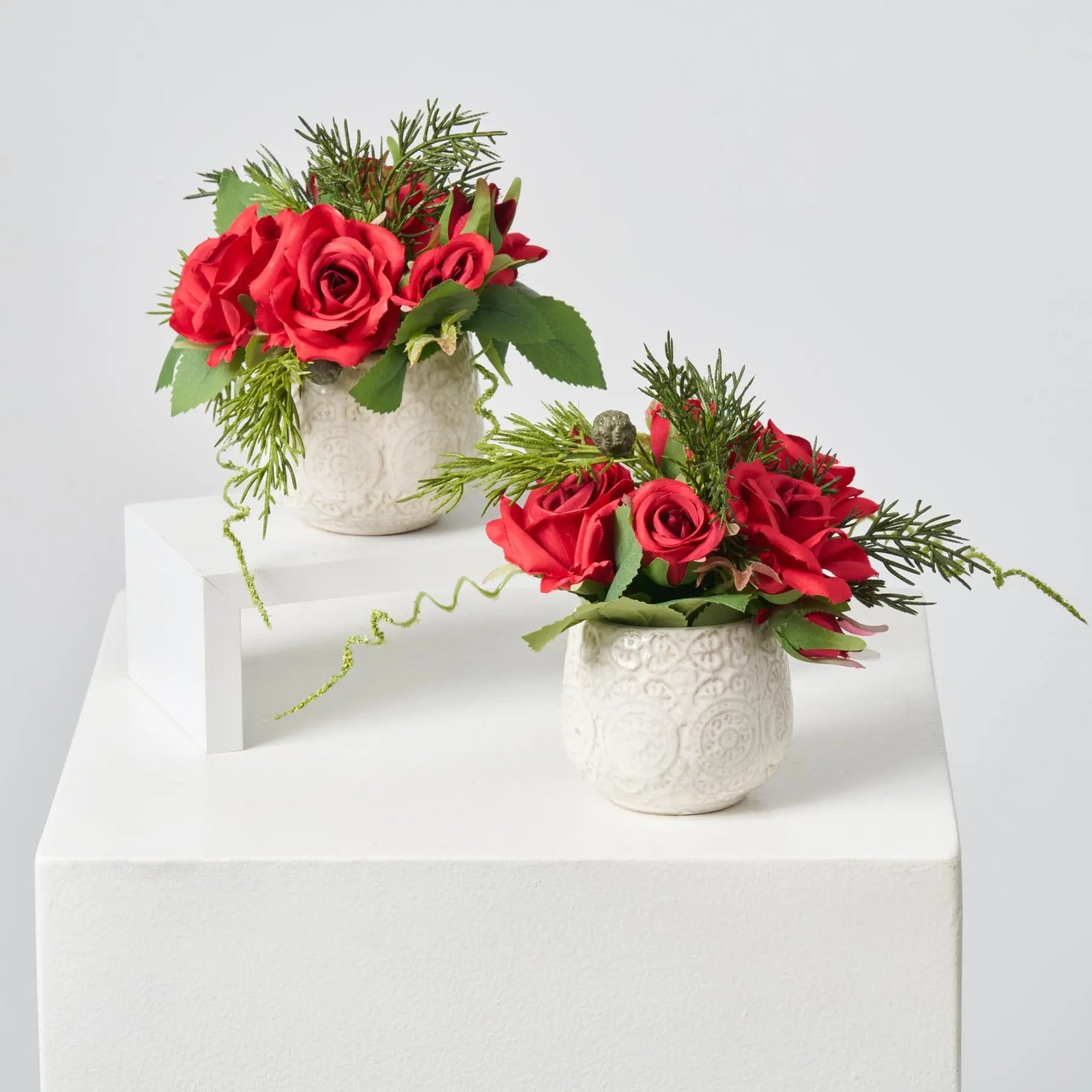 AR1901-SET2MiniRedChristmasRose_JuniperGreeneryinCreamEmbossedCeramicVaseHolidayDecorArrangementSetof_1 Mini Red Christmas Rose & Juniper Greenery in Cream Embossed Ceramic Vase Holiday Decor Arrangement Set of 2 - Image 1