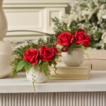 Mini Red Christmas Rose & Juniper Greenery in Cream Embossed Ceramic Vase Holiday Decor Arrangement Set of 2 - Image 3