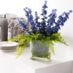 Blue Larkspur & Lace Fern Arrangement in Modern Glass Rectangle Vase