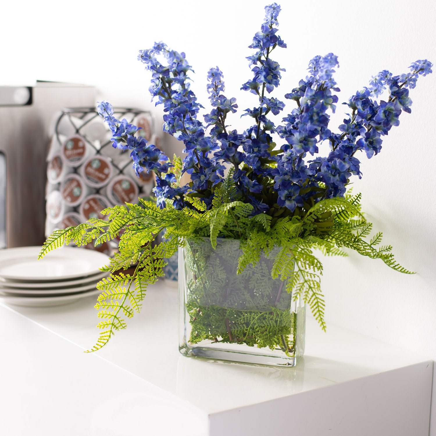 BlueLarkspur_LaceFernArrangementinModernGlassRectangleVaseFAR1129 Blue Larkspur & Lace Fern Arrangement in Modern Glass Rectangle Vase - Image 1