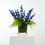 Blue Larkspur & Lace Fern Arrangement in Modern Glass Rectangle Vase - Image 3