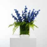 Blue Larkspur & Lace Fern Arrangement in Modern Glass Rectangle Vase - Image 4