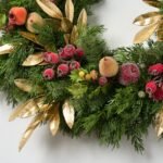 Della Robbia Style Christmas Holiday Wreath with Gold Metallic Bay Leaf, Sugar Fruit & Beaded Red Crabapple - Image 2