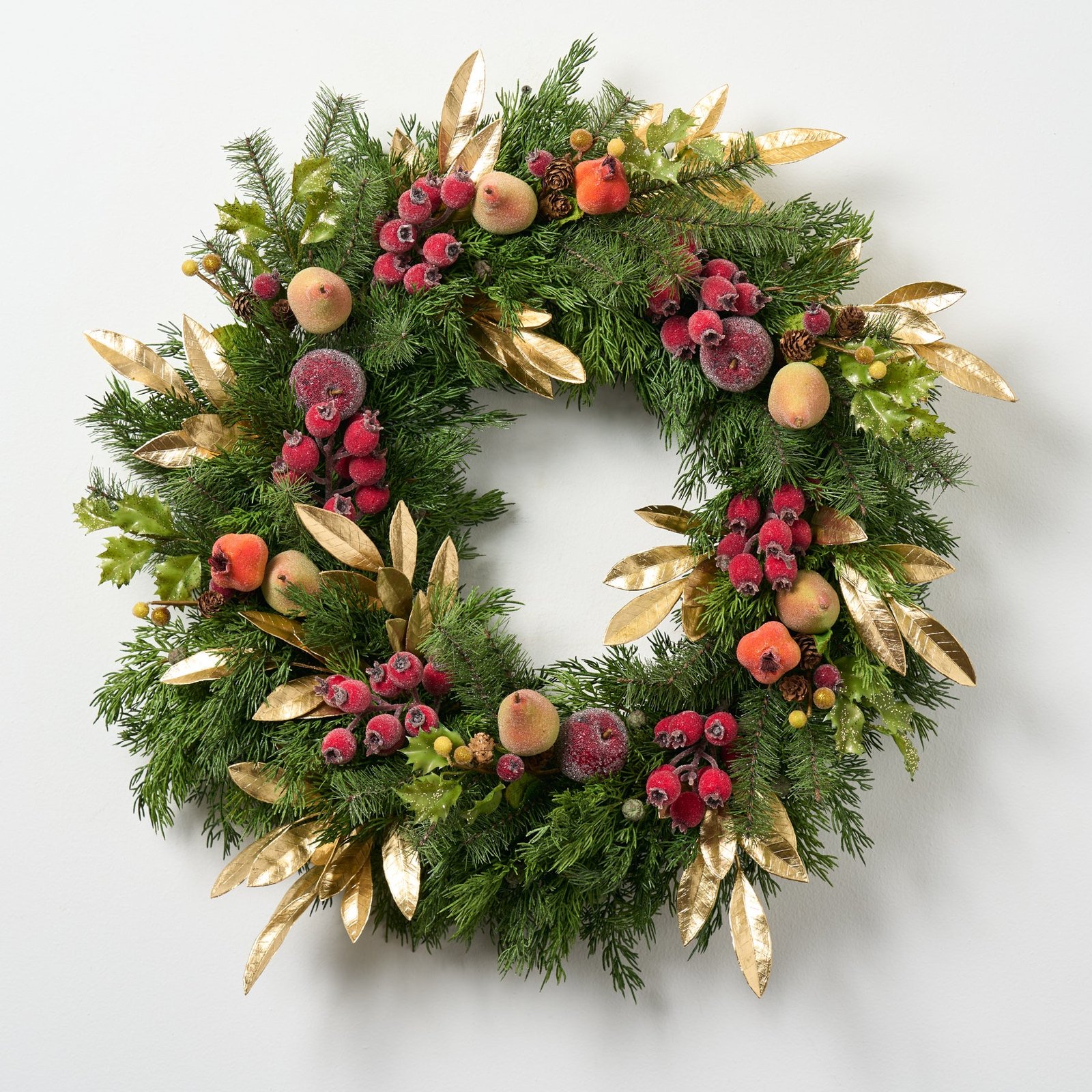 CW1133DellaRobbiaStyleChristmasHolidayWreathwithGoldMetallicEucalyptus_SugarFruit_Beaded_3 Della Robbia Style Christmas Holiday Wreath with Gold Metallic Bay Leaf, Sugar Fruit & Beaded Red Crabapple - Image 1