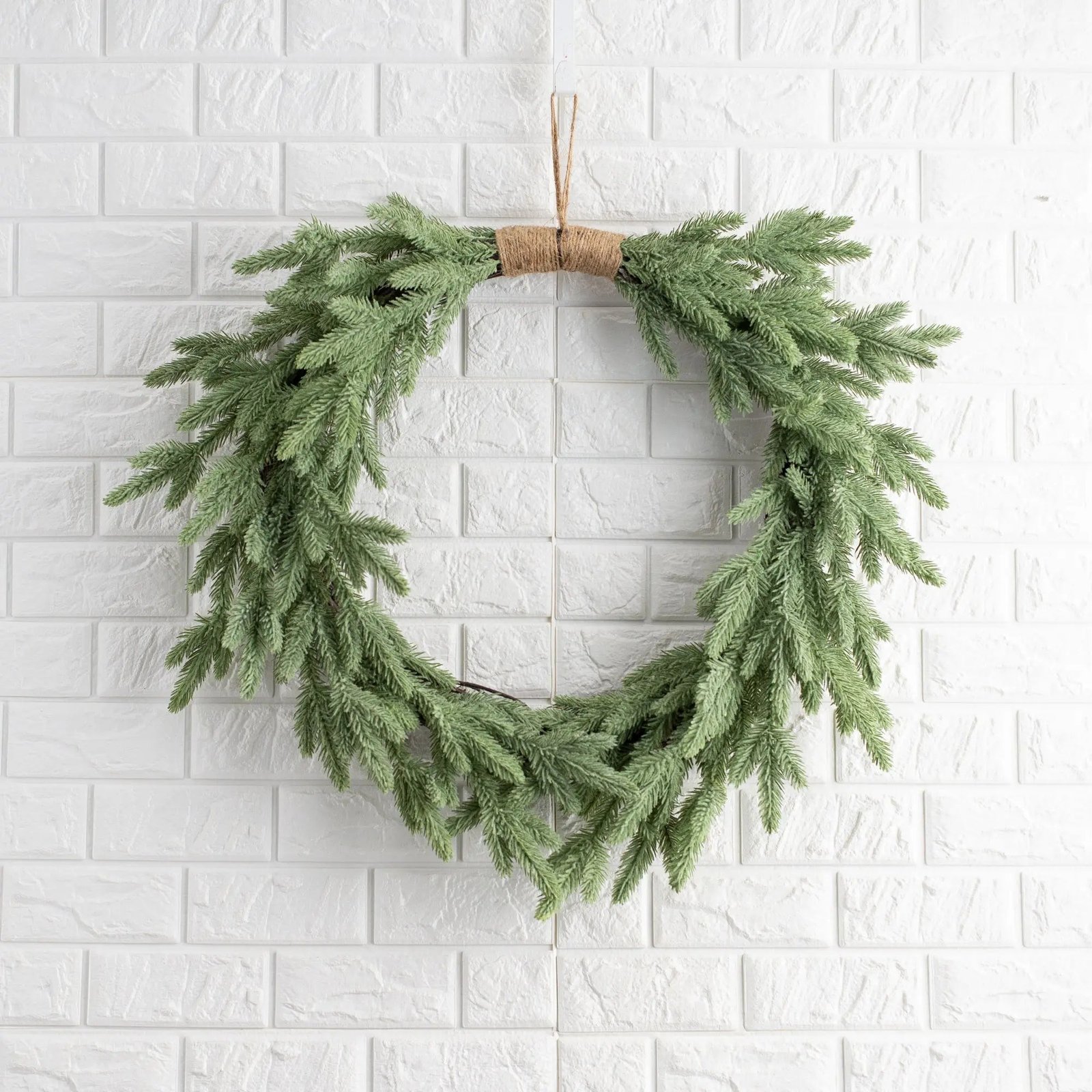 CW1203DownwardSweptEvergreenHolidayWinterFirGreensChristmasFrontDoorWreathwith5JuteRopeHanger_2 Down Swept Winter Holiday Evergreen Douglass Fir Tree Greens Christmas Front Door Wreath with 5 Jute Rope Hanger - Image 1