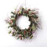 Variegated Holly Berry Christmas Holiday Wreath on Wispy Birch Twig Base