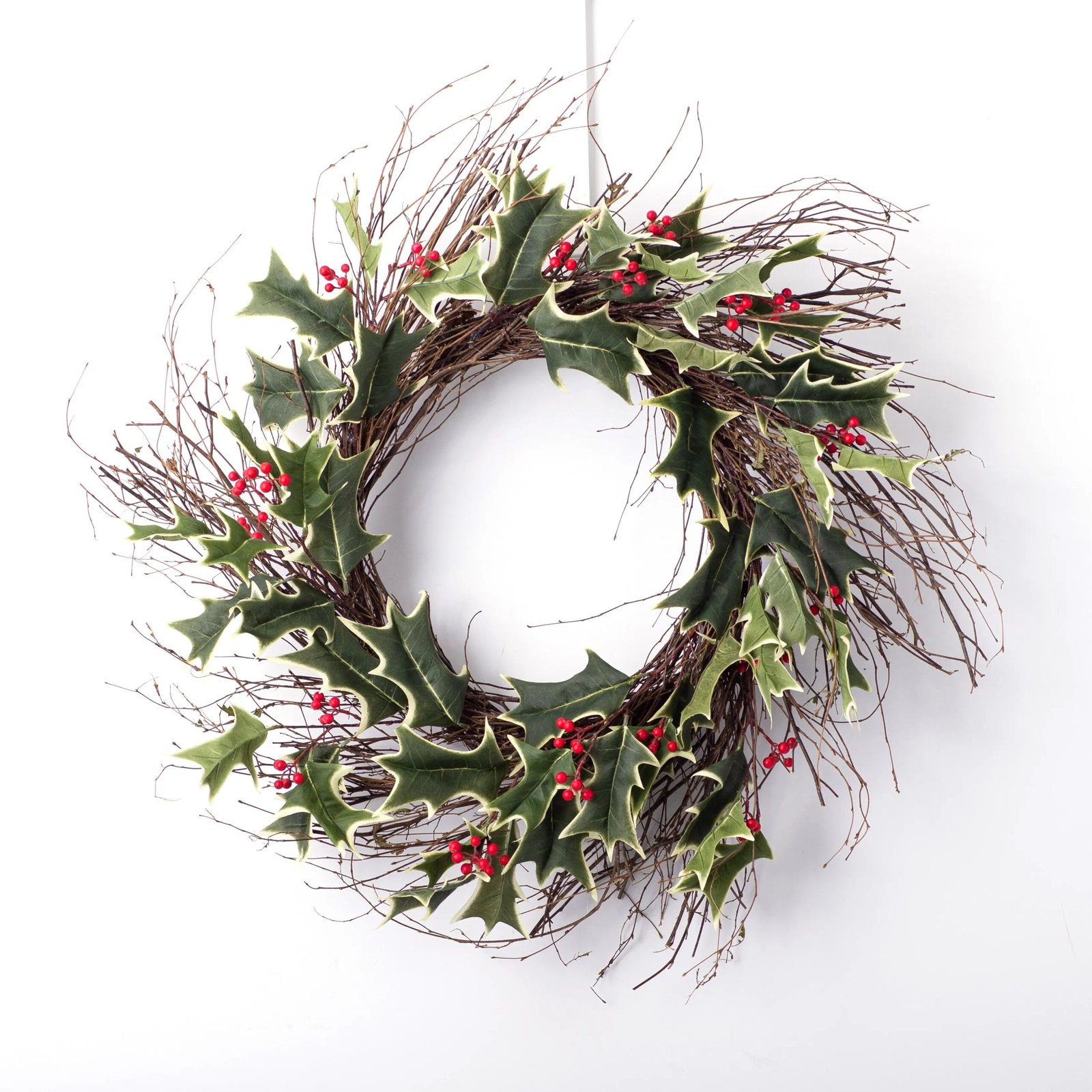 CW1260VarigatedHollyBerryWreathonWispyBirchTwigBase_2 Variegated Holly Berry Christmas Holiday Wreath on Wispy Birch Twig Base - Image 1