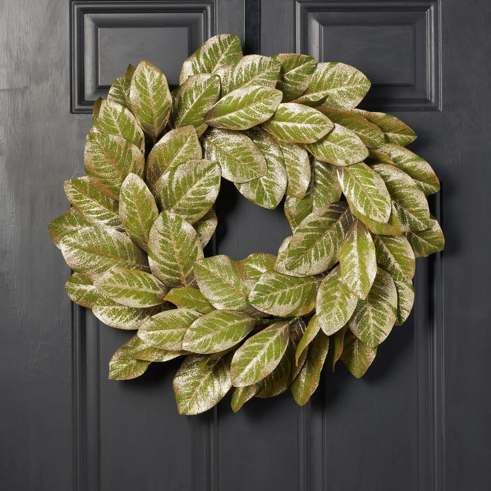 CW1317Green_GoldMetallicMagnoliaLeafFrontDoorHolidayWreathShimmeringChristmasMantleDec_1 Green & Gold Metallic Magnolia Leaf Front Door Holiday Wreath Shimmering Christmas Mantel Decor - Image 1