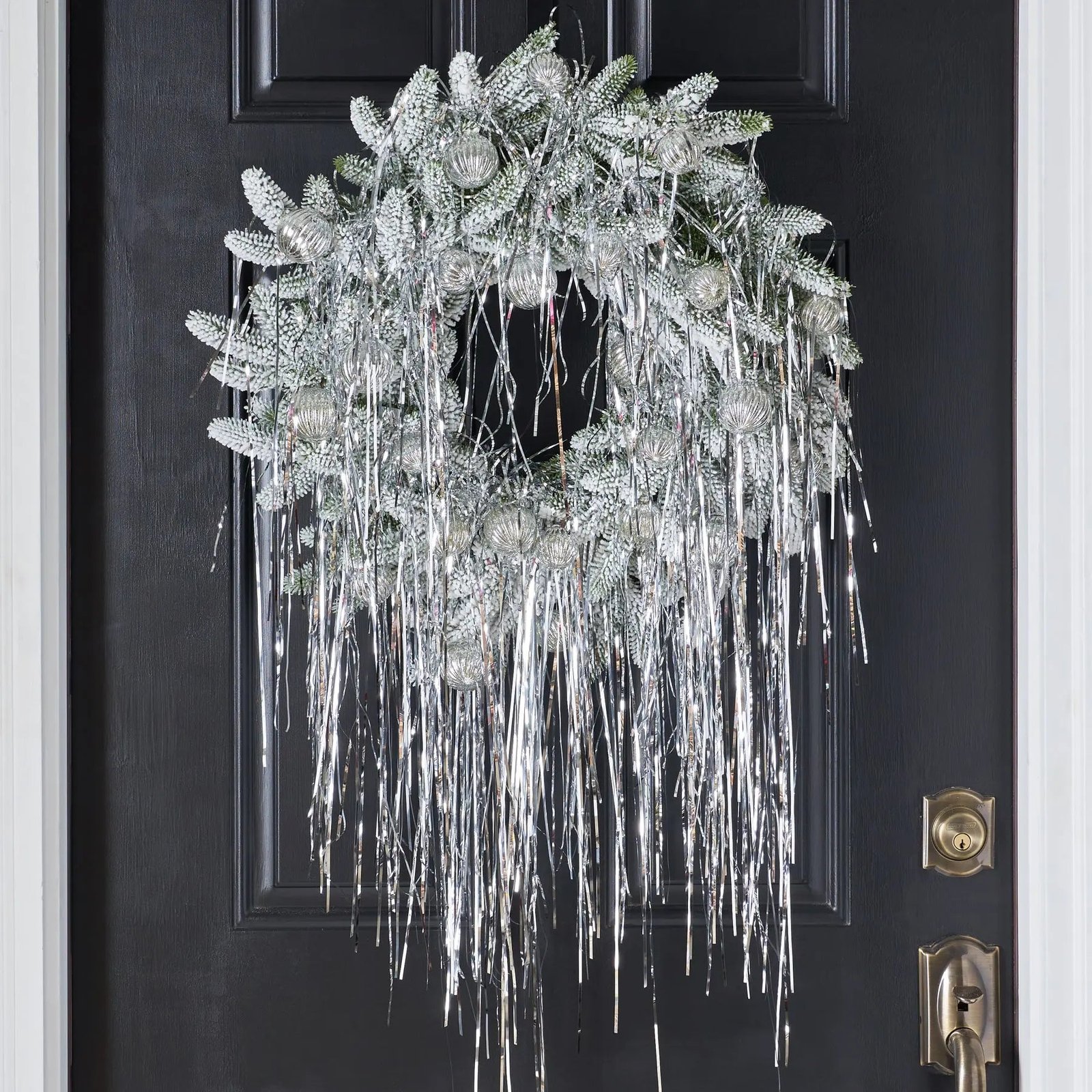 CW1350ArtDeedElegance-ChampagneGoldVintageFinialOrnament_DenseDrapedTin_1 Retro Holiday Glamour - Silver Draped Tinsel with Mini Mercury Look Ornaments on Snow Pine Christmas Door Wreath - Image 1