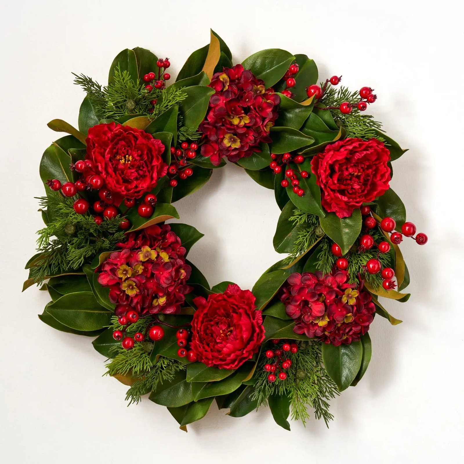 CW1365MagnoliaLeafwithRedHydrangea_AbundancePeony_BerryFrontDoorChristmasWreath_4 Holiday Affair - Real Touch Magnolia Leaf, Burgundy Hydrangea, Red Peony & Winterberry Front Door Christmas Wreath - Image 1