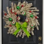 Merry Grinchmas - Silver Tinsel, Lime Green Bow & Shiny Christmas Ornaments Front Door Wreath Fireplace Mantle Decor