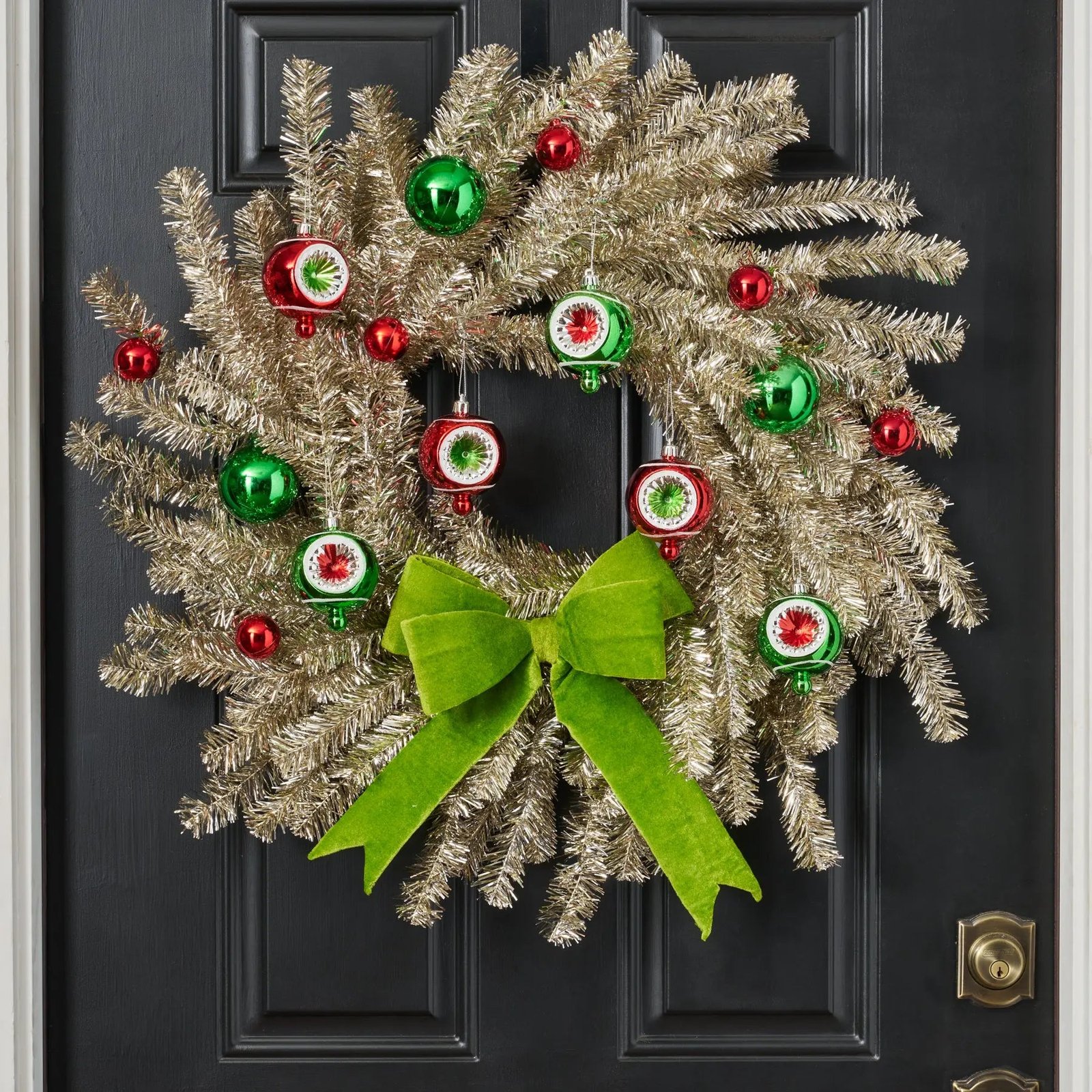 CW1370MerryGrinchmas-SilverTinsel_LimeGreenBow_ShinyChristmasOrnamentsFrontDoorWreathFir Merry Grinchmas - Silver Tinsel, Lime Green Bow & Shiny Christmas Ornaments Front Door Wreath Fireplace Mantle Decor - Image 1