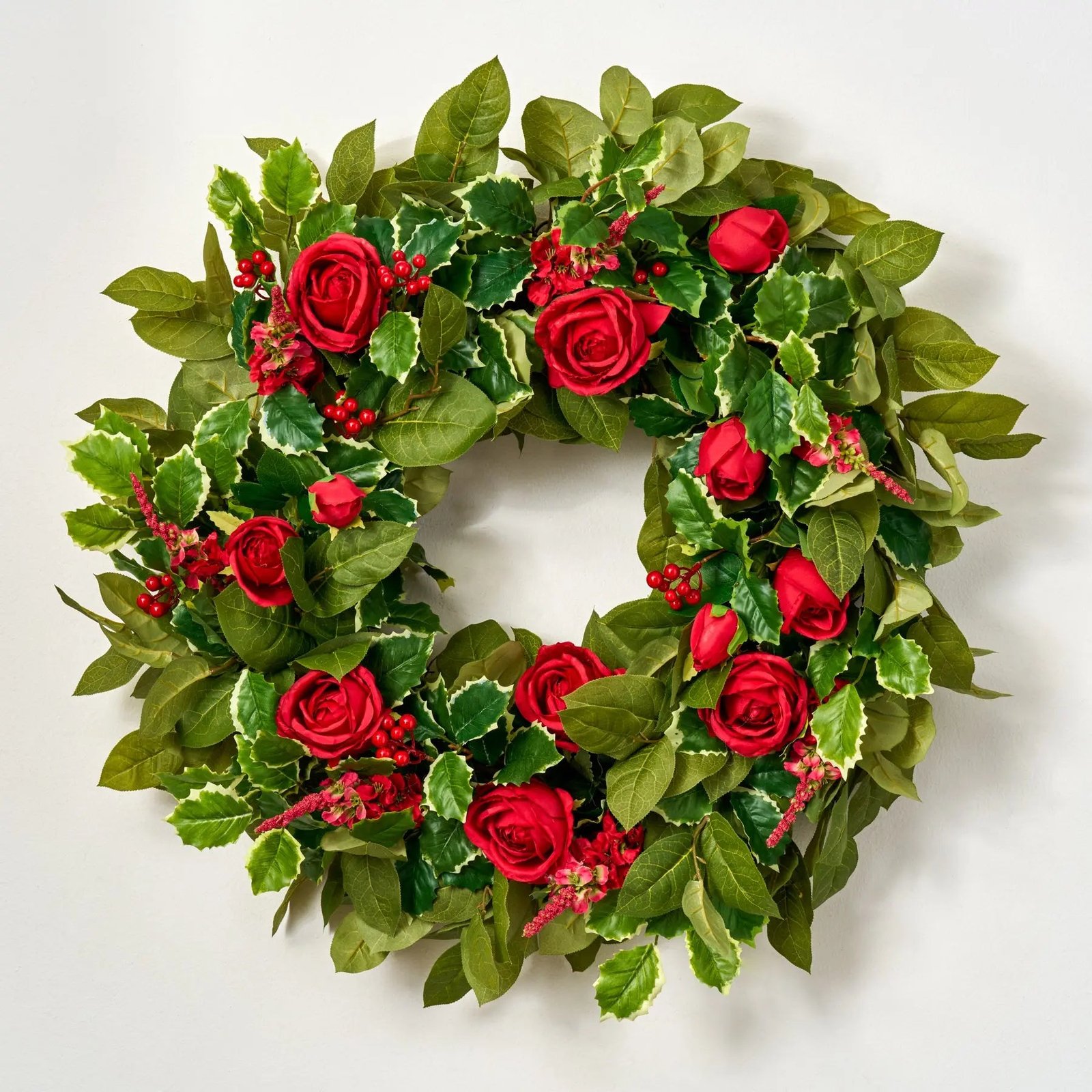 CW1395HollyJollyChristmas-RedRose_GreenSalalLeaf_VariegatedBerryHolidayFrontDoorWreath_3 Holly Jolly Christmas - Red Rose, Green Salal Leaf & Variegated Berry Holiday Front Door Wreath - Image 1