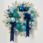Turquoise Twinkle - Mixed Blue & Seafoam Sparkle Glitter Balls On Snow Flocked Pine Christmas Wreath - Image 3