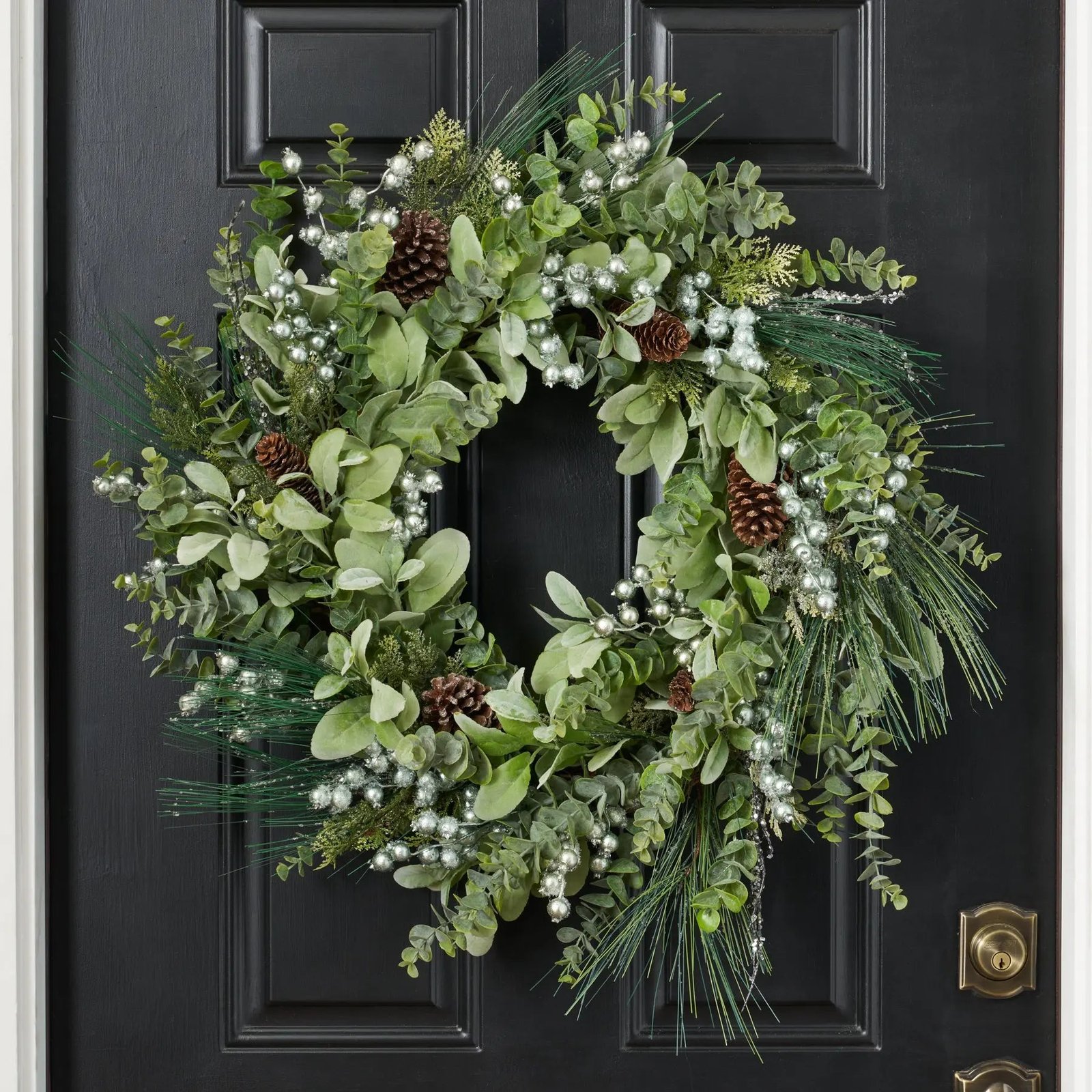 CW1404MetallicBluetinsel_IcyPinecone_FrostedLongNeedlePineChristmasFrontDoorWreath_2 Frosted Eucalyptus, Metallic Blue Tinsel Berry & Frosted Long Needle Pine Christmas Front Door Wreath - Image 1