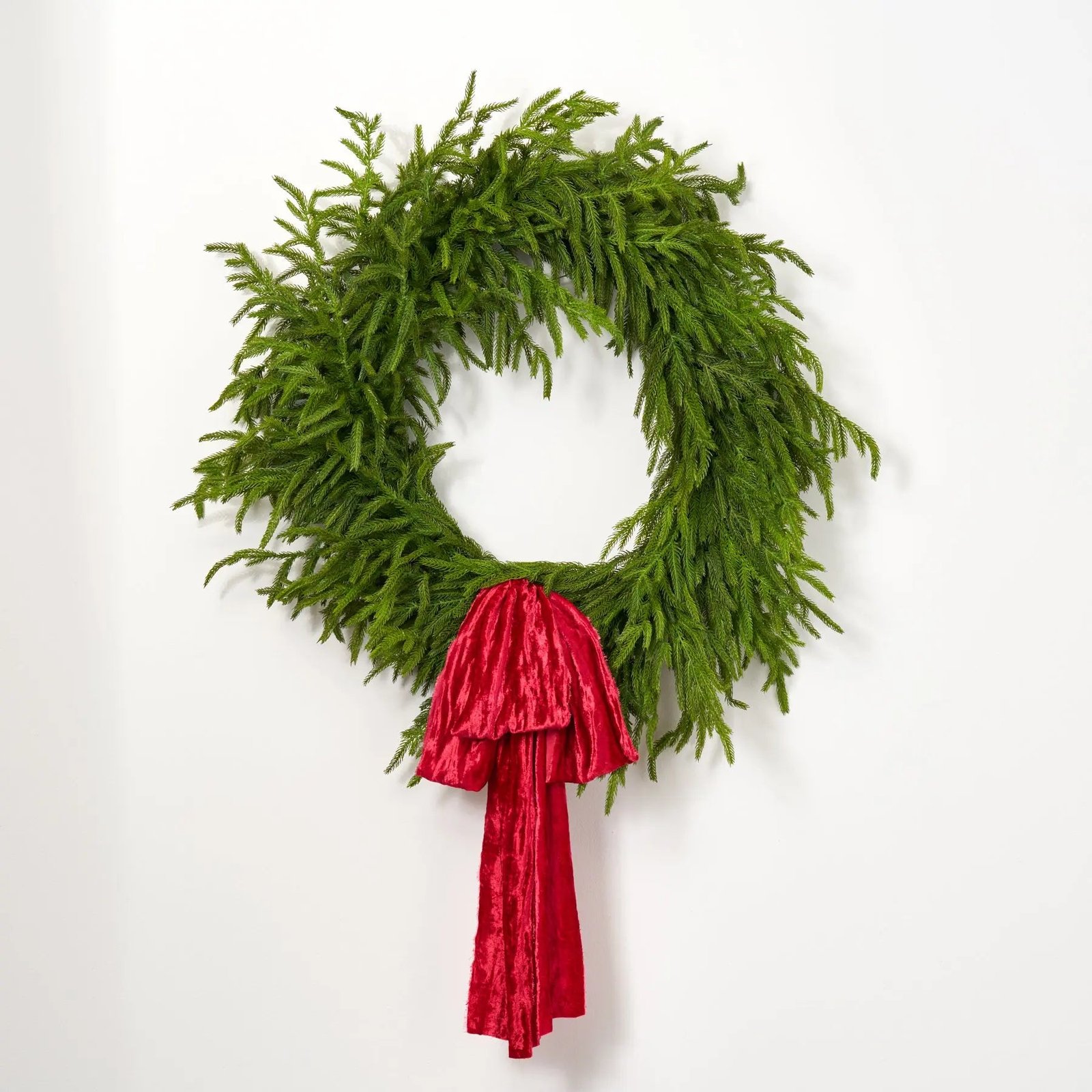 CW1409RealTouchNorfolkPineFrontDoorChristmasHolidayWinter30WreathwithBurgundyBow Norfolk Collection - Real Touch Norfolk Pine Front Door Christmas Holiday Winter 30 Wreath with 3 Bow Options - Image 1