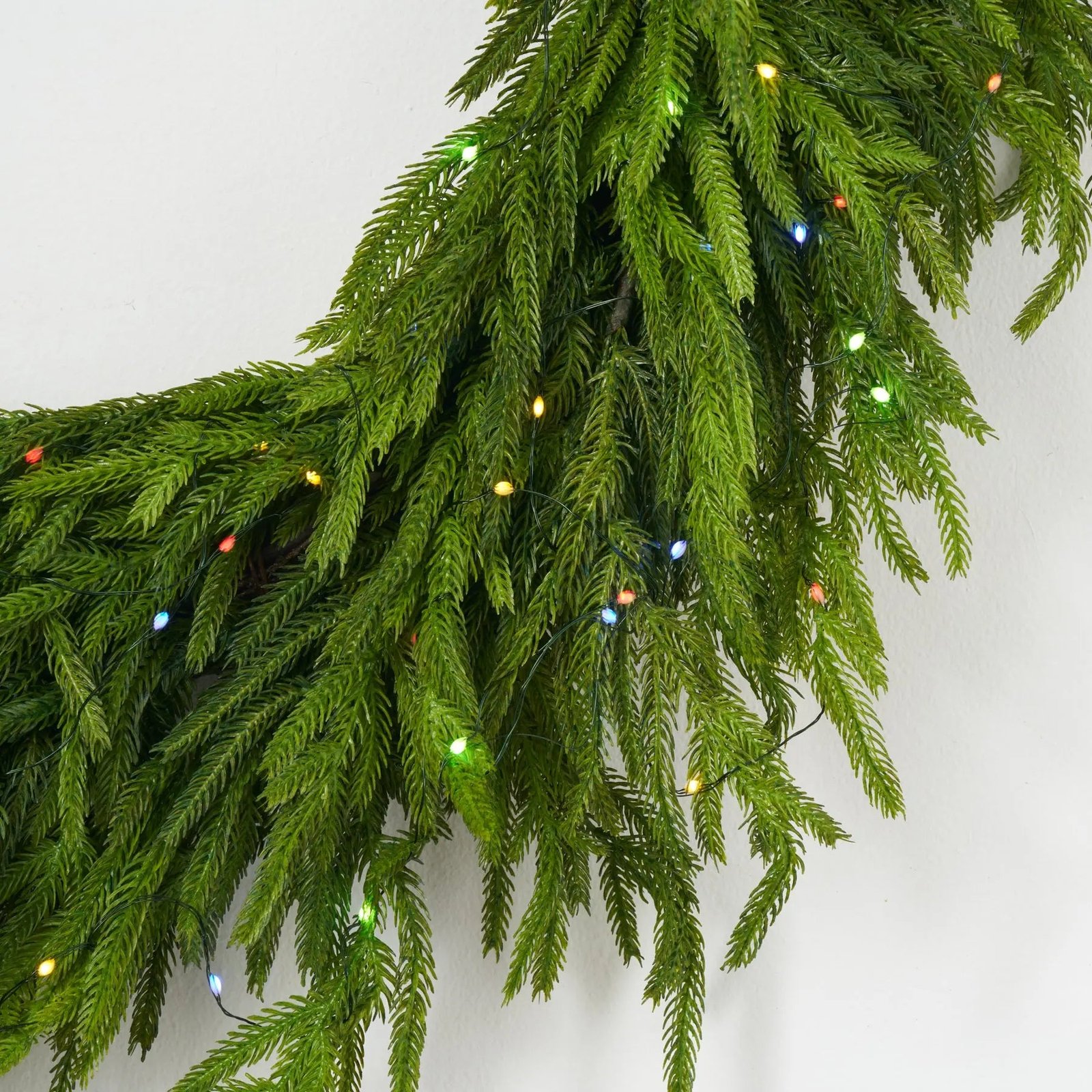 Twinkling Norfolk - Dual Pre-Lit Multicolored & White Real Touch Greenery Norfolk Christmas Holiday Wreath - 30 - Image 4