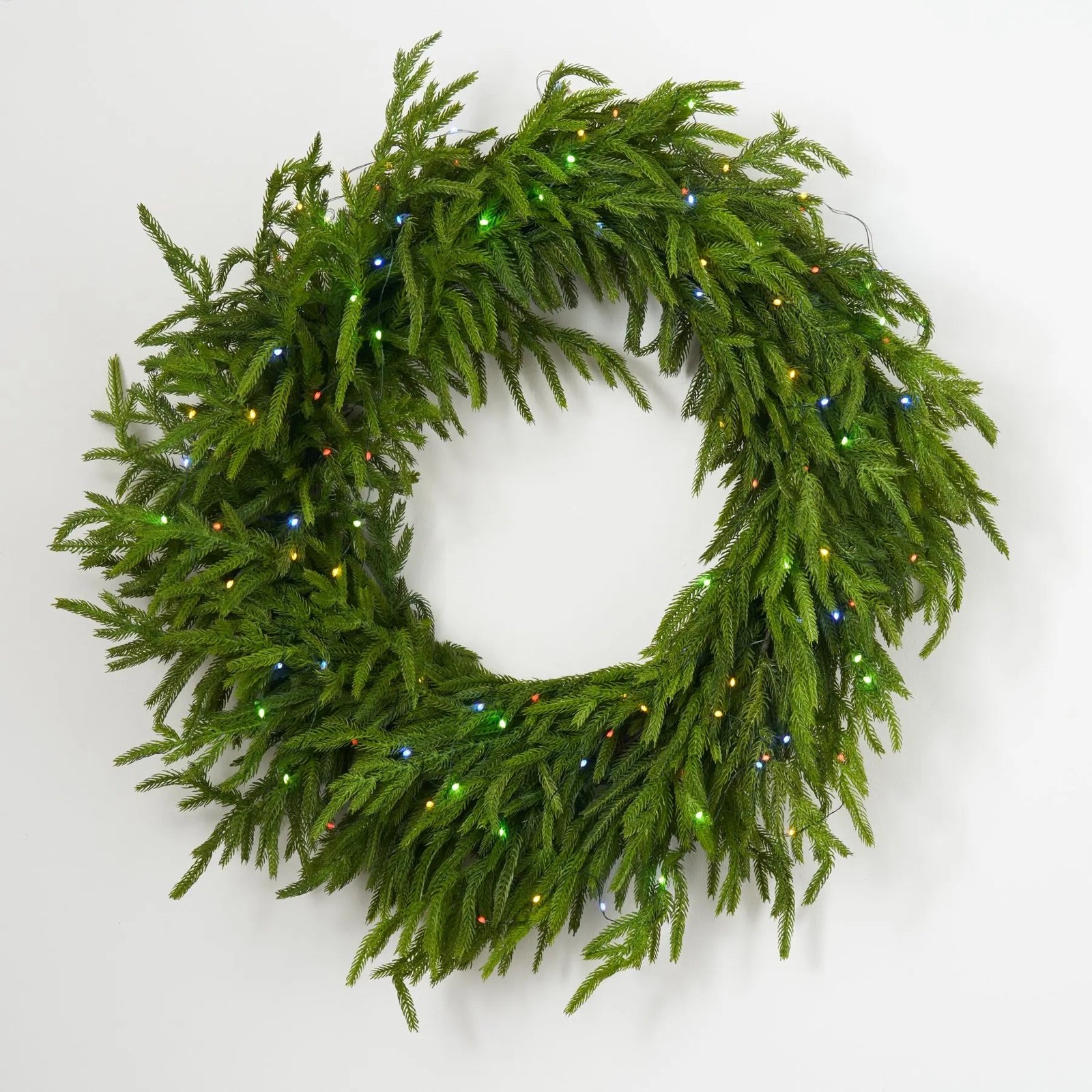 Twinkling Norfolk - Dual Pre-Lit Multicolored & White Real Touch Greenery Norfolk Christmas Holiday Wreath - 30 - Image 2
