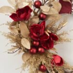 Wine Magnolia & Gold Cedar Front Door Woven Wicker Willow Holiday Christmas Asymmetrical Wreath with Velvet Ribbon - Image 3