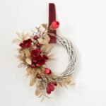 Wine Magnolia & Gold Cedar Front Door Woven Wicker Willow Holiday Christmas Asymmetrical Wreath with Velvet Ribbon - Image 2